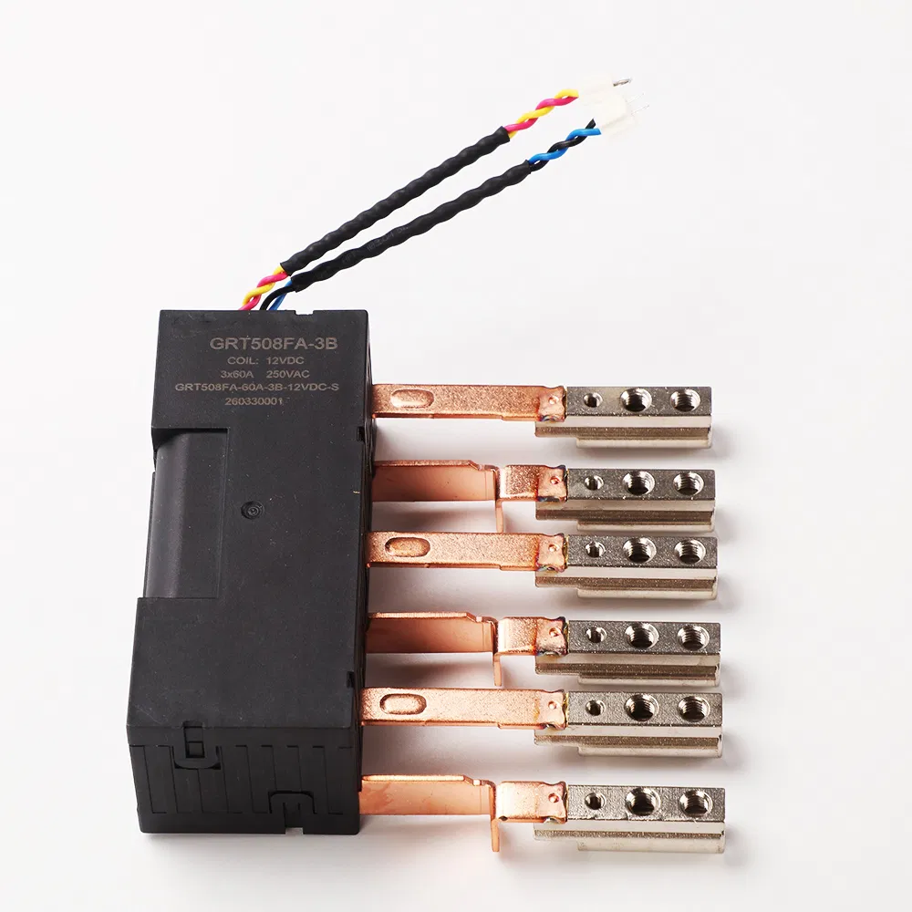 GRT508FA3B 80A latching relay prepared for custom wire lead and shunt assembly