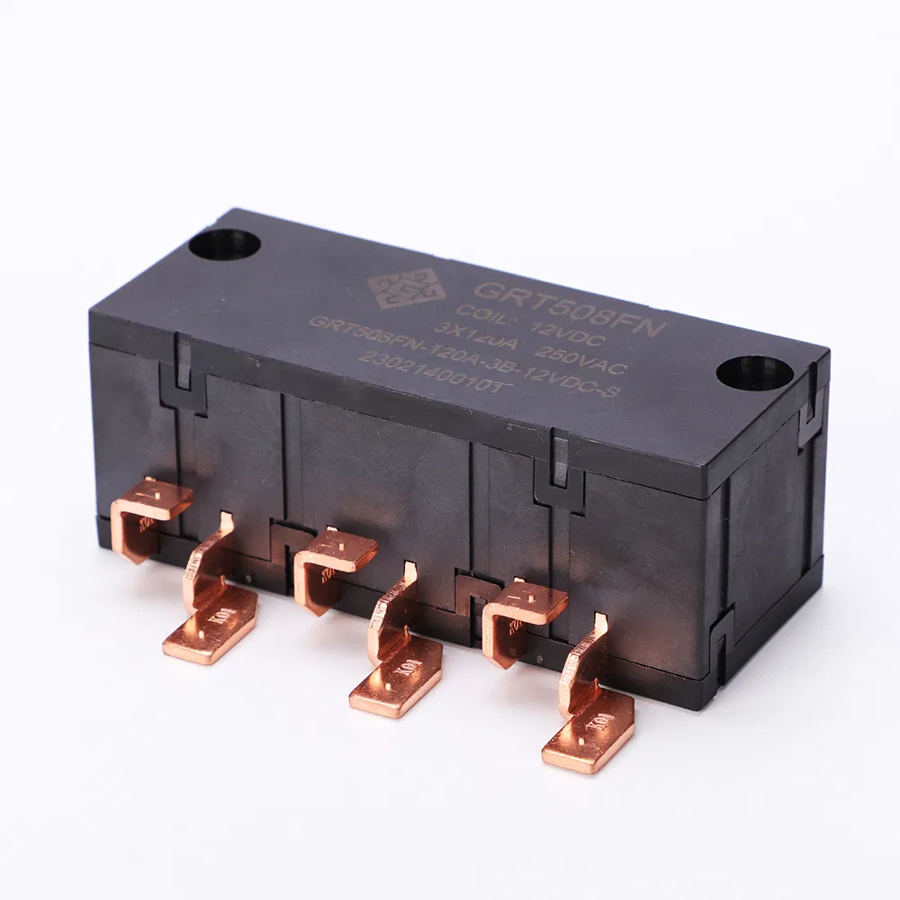 GRT508FN latching relay viewed from the terminal side showing copper conductor and plastic housing