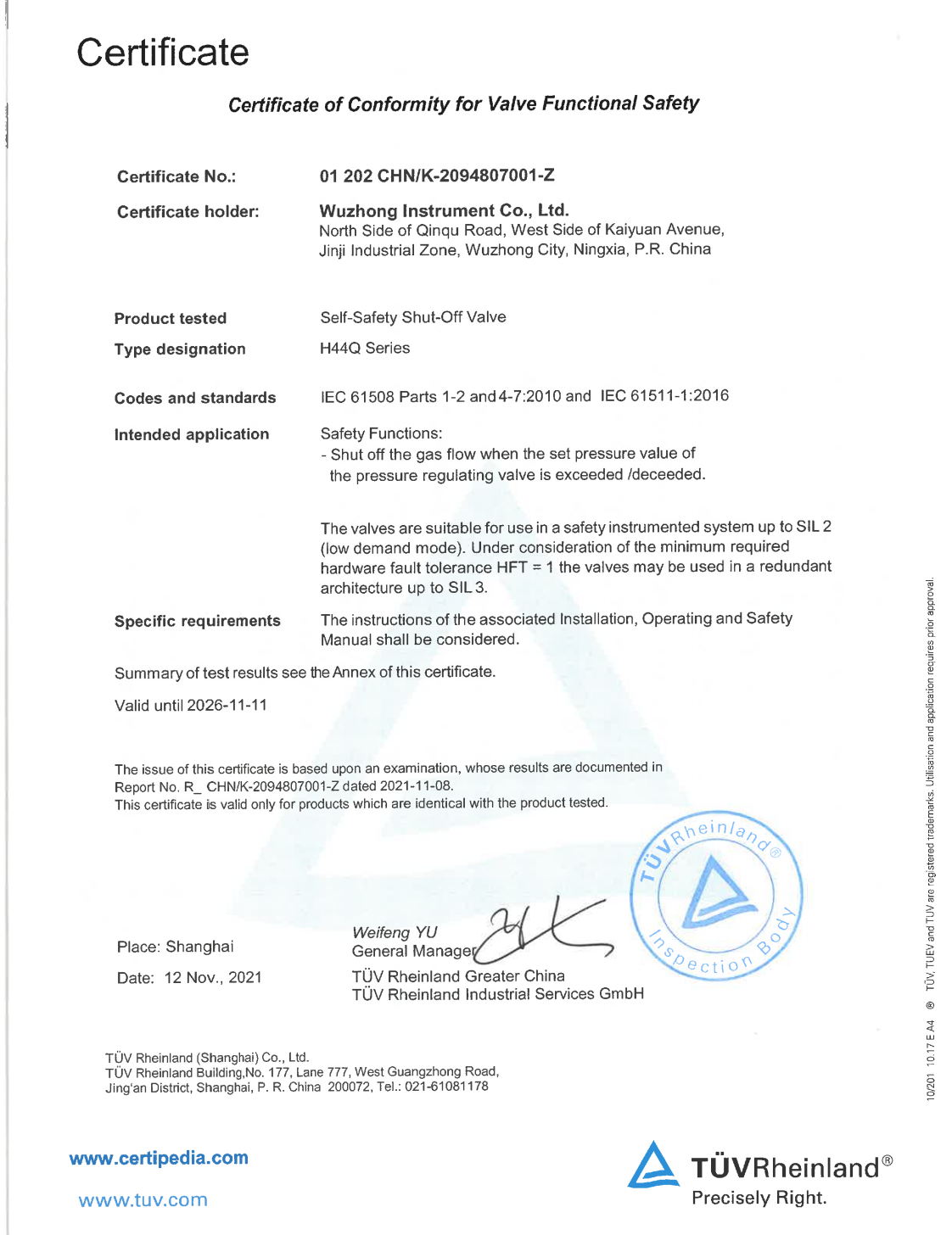 Certificate of Conformity for Valve Functional Safety