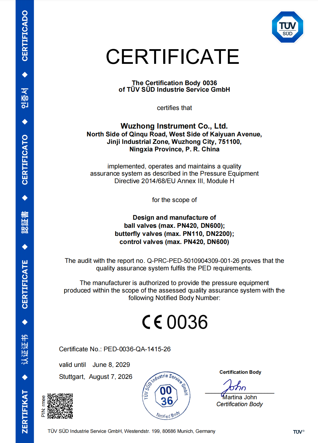 TUV SUD Industrie Service GmbH notified body 0036 certification documentation for pressure equipment compliance