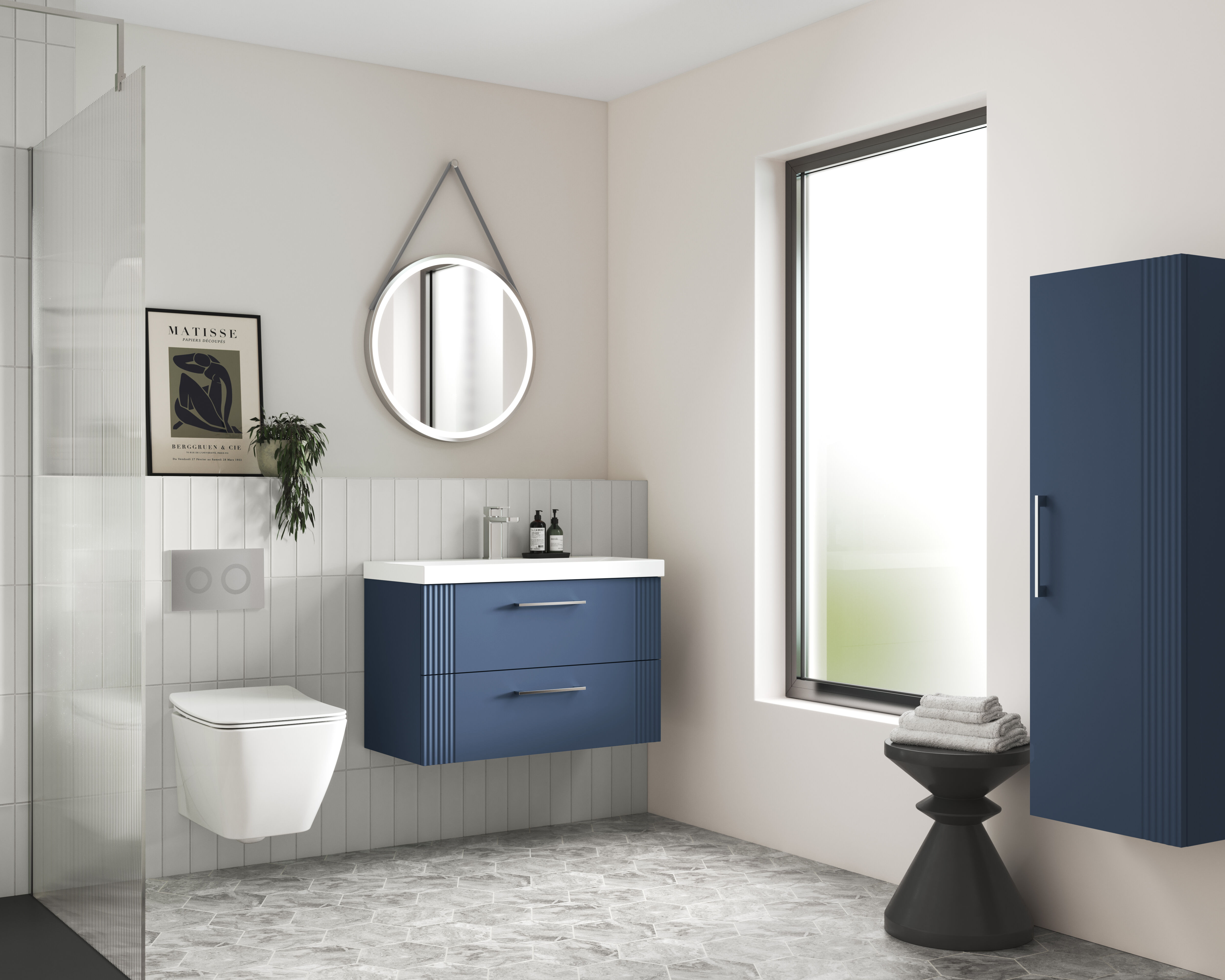 Bathroom vanity wash area with cabinet, basin and mirror in a residential bathroom