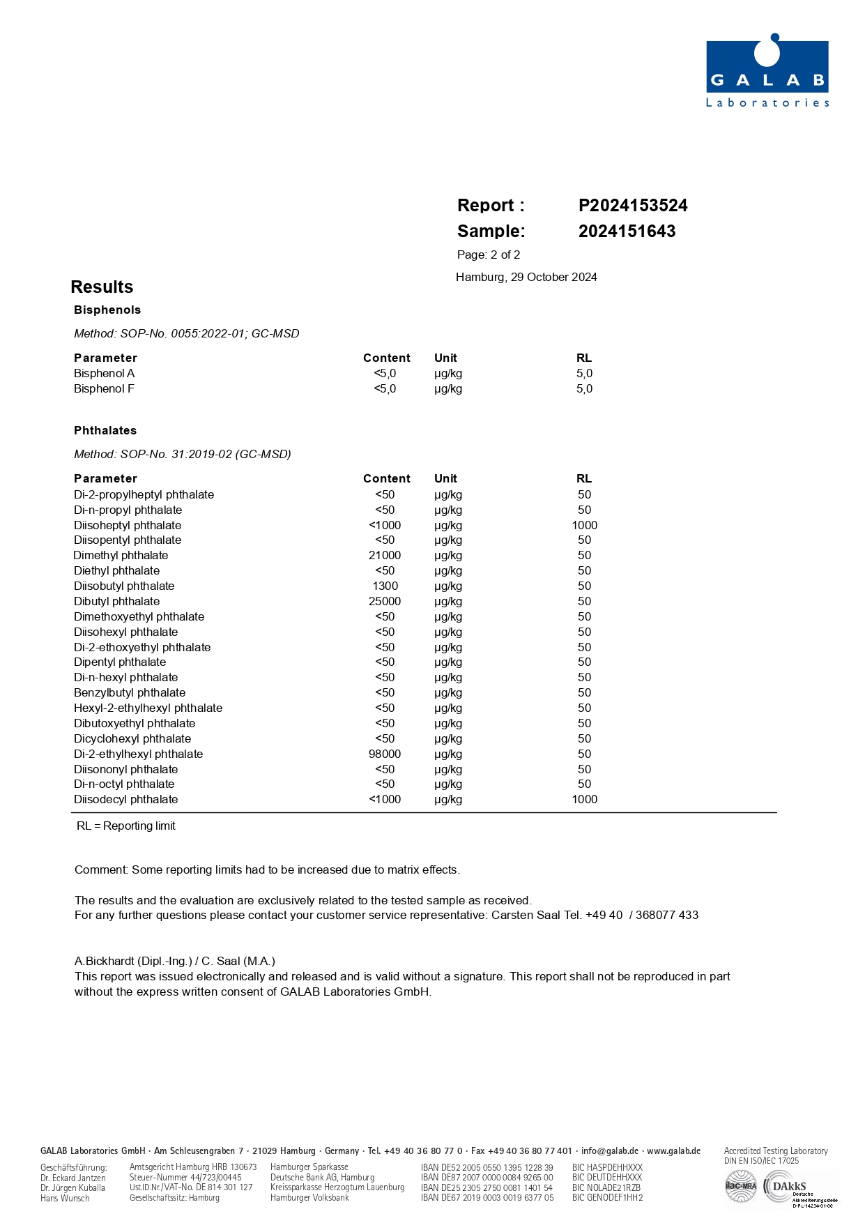 GALAB Laboratory Test Report