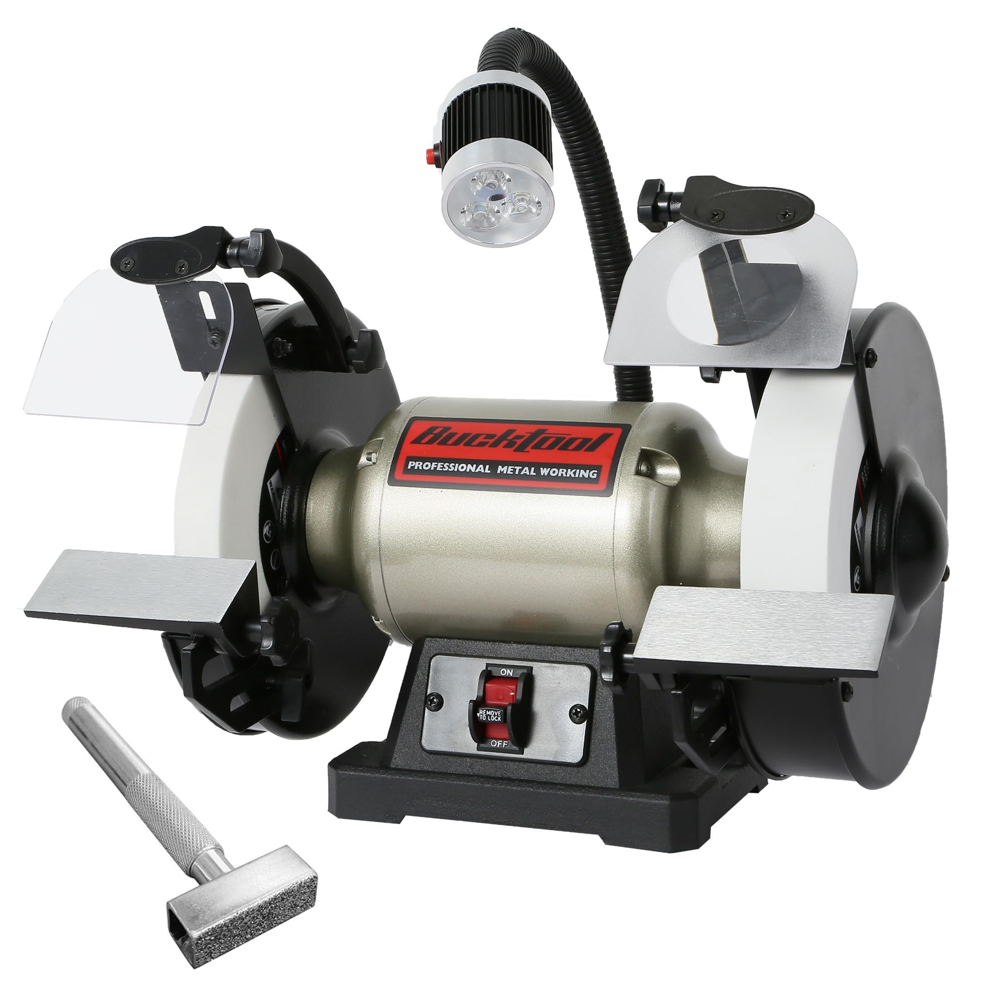 8-inch low speed bench grinder with LED light running at 1750 RPM for precision sharpening