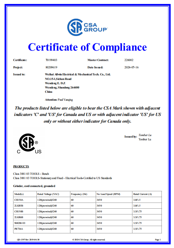 CSA certification record for the wobble-free bench grinder motor platform used across Bucktool bench grinder models
