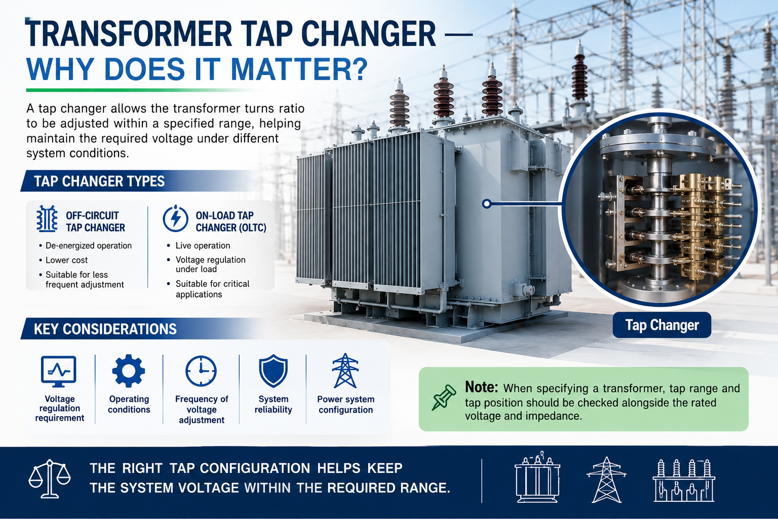 Illustration of a transformer tap changer assembly used for voltage regulation