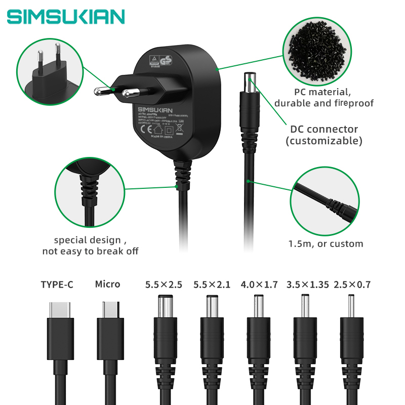 Universal wall-mount AC-DC power adapter in fire-retardant PC housing