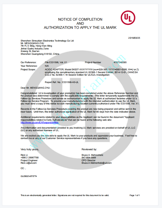 SK03T series UL certificate E331598-A5-UL for AC-DC power adapter