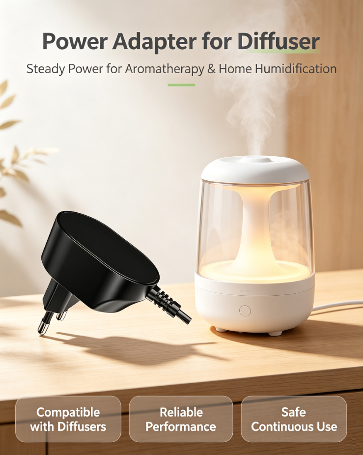 Aroma diffuser powered by a low-noise power adapter