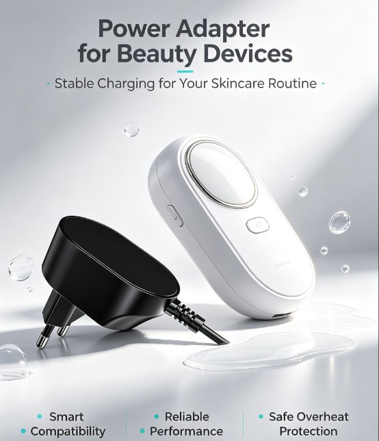 LED facial mask device supplied by a stable DC power adapter
