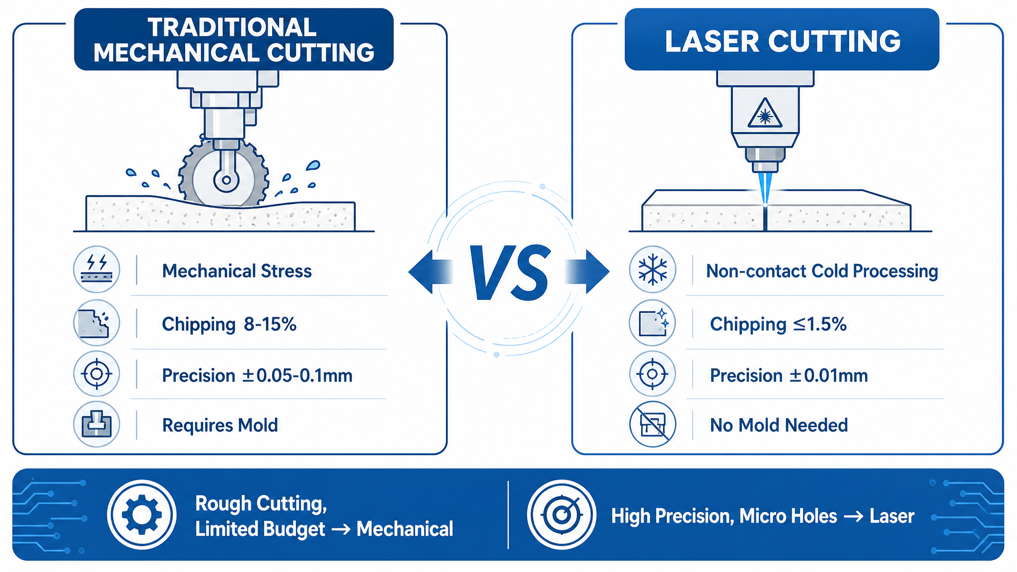 Decision comparison between mechanical cutting and laser cutting for hard and brittle materials