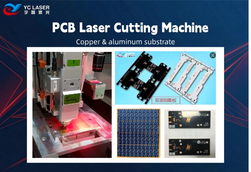 High precision laser cutting machine processing a PCB substrate with a focused laser beam