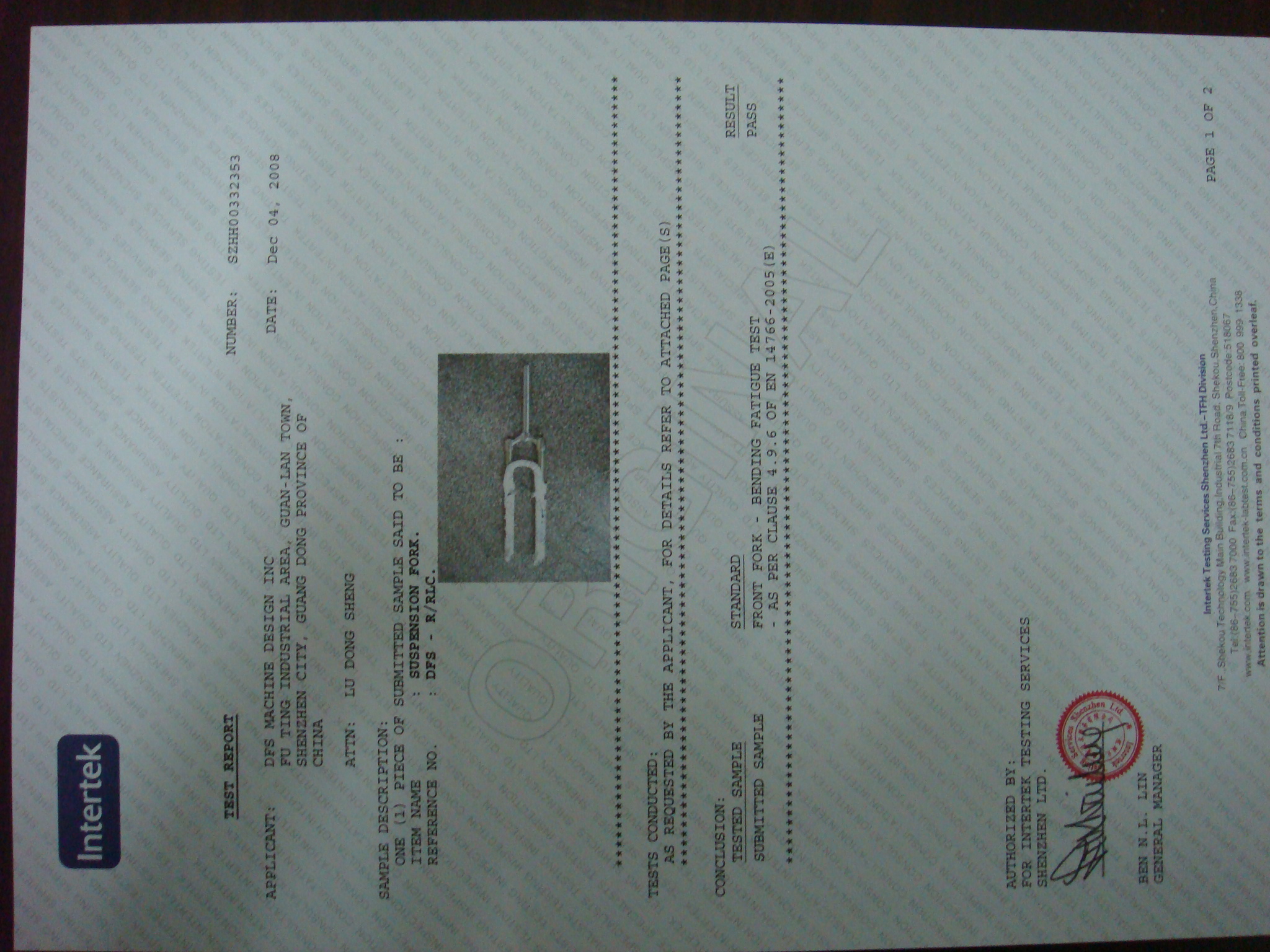 Intertek Test Report for Bicycle Suspension Fork