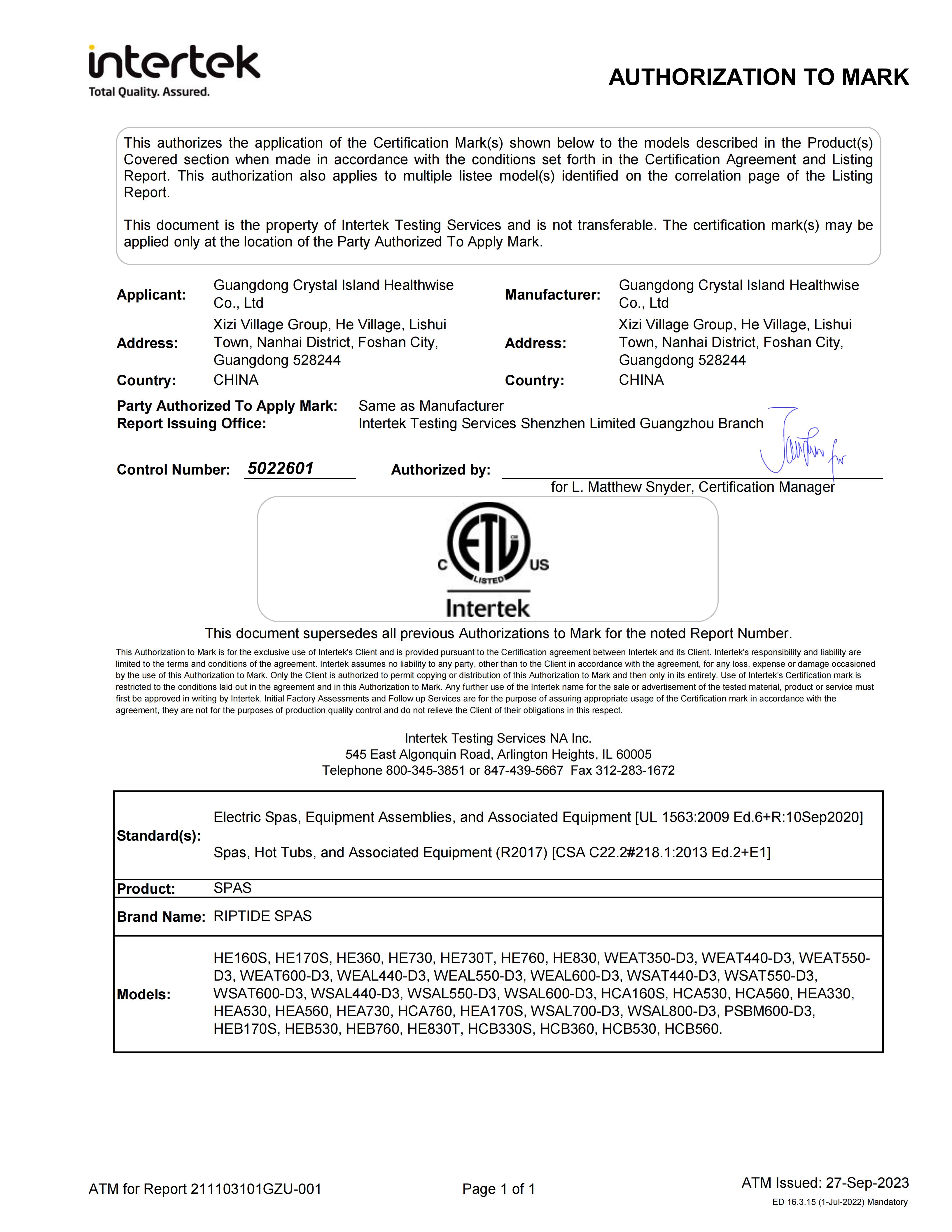 ETL Listed (Authorization to Mark)