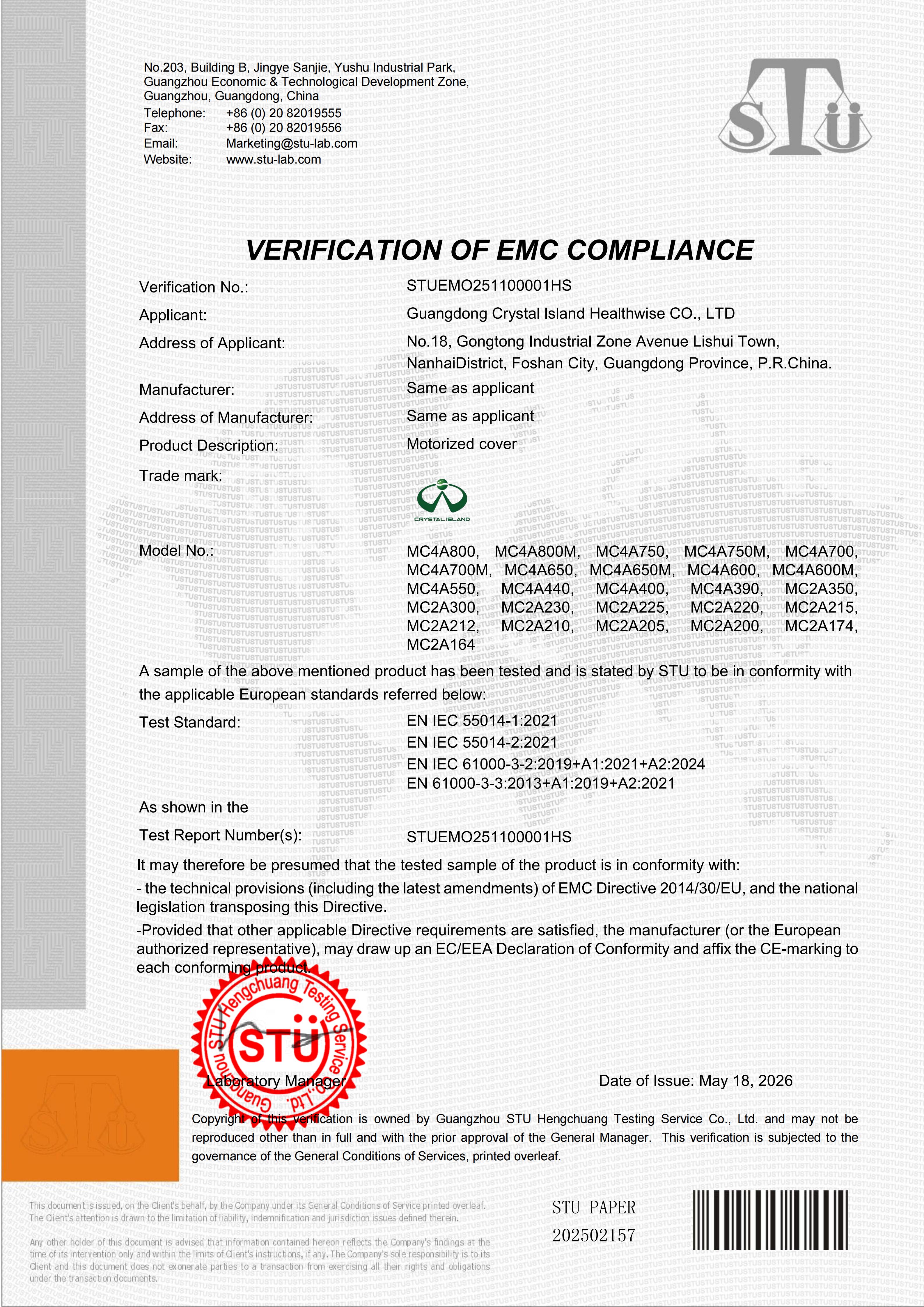 VERIFICATION OF EMC COMPLIANCE