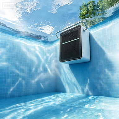 Counter-current swim machine installed in a swimming pool, showing water flow for stationary swimming