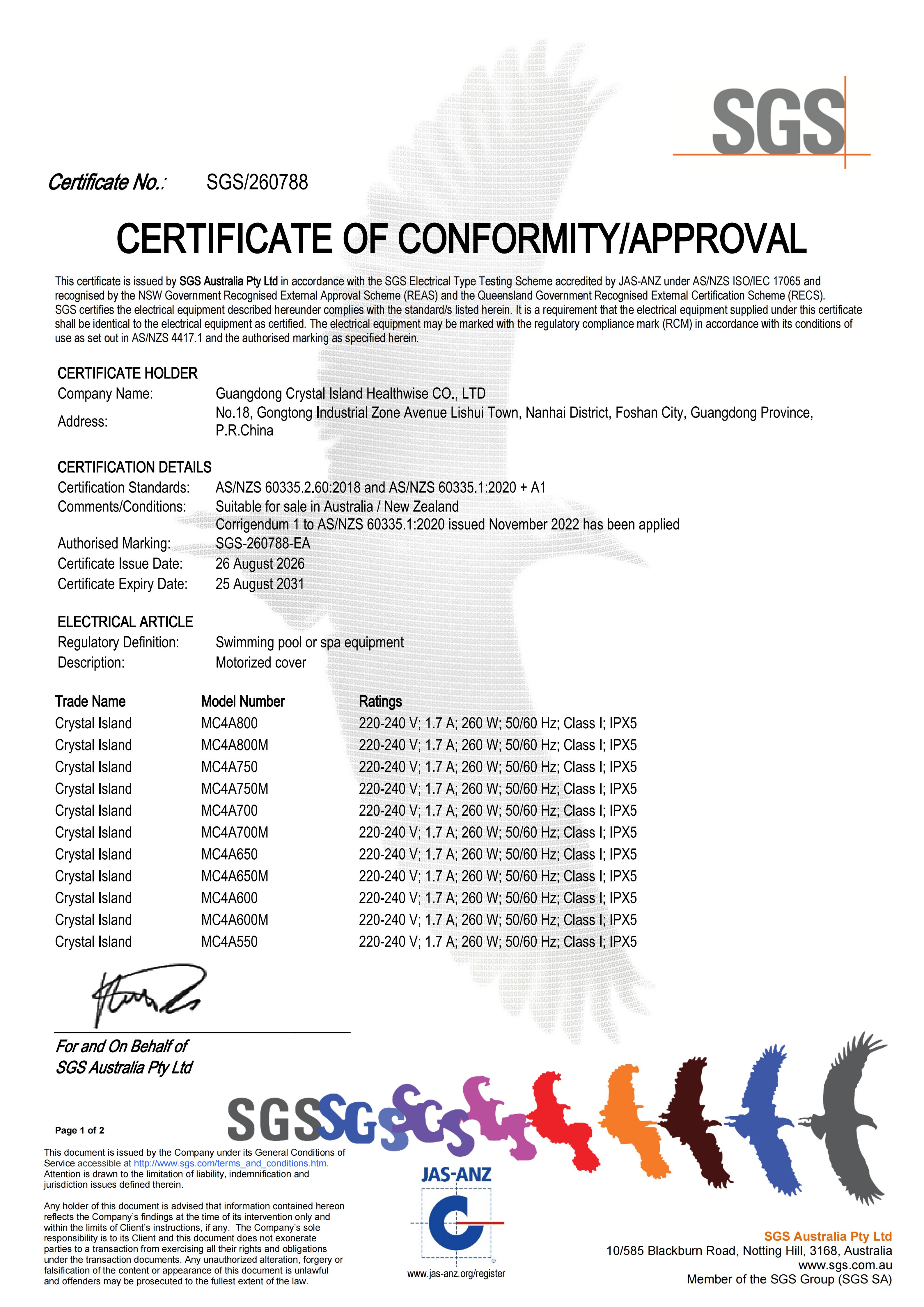 Certificate of Conformity/Approval