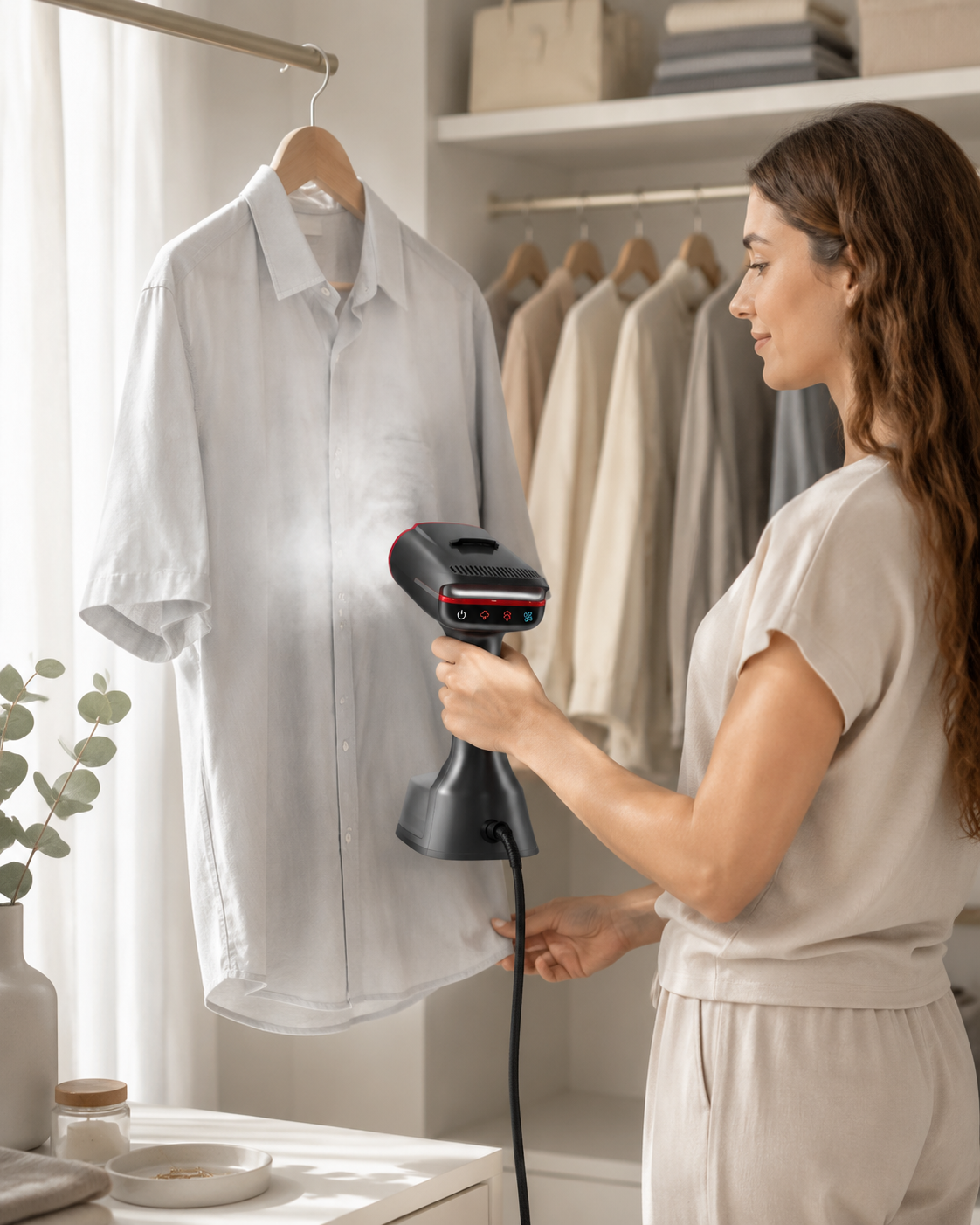 Handheld garment steamer application in a home setting