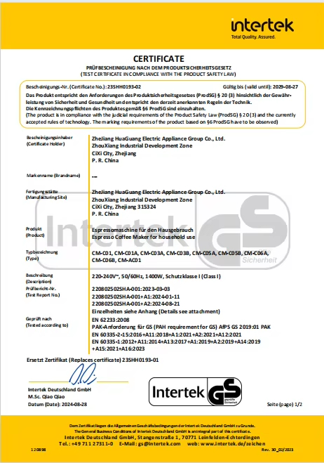 Prüfbescheinigung nach dem Produktsicherheitsgesetz (ProdSG) / Test Certificate in compliance with the Product Safety Law