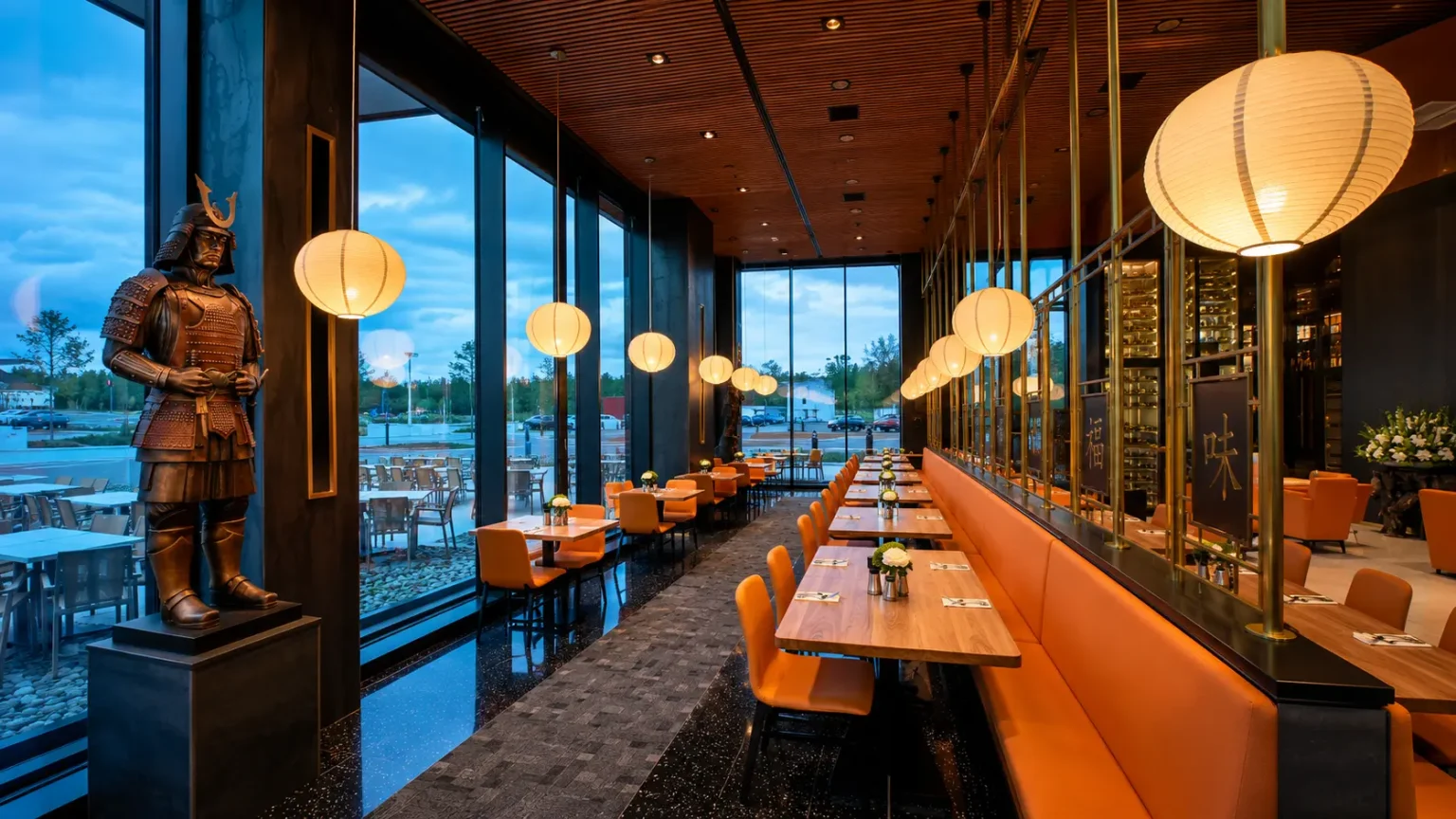 Restaurant booth seating zone within a multi-zone commercial dining space using fixed banquettes and movable chairs