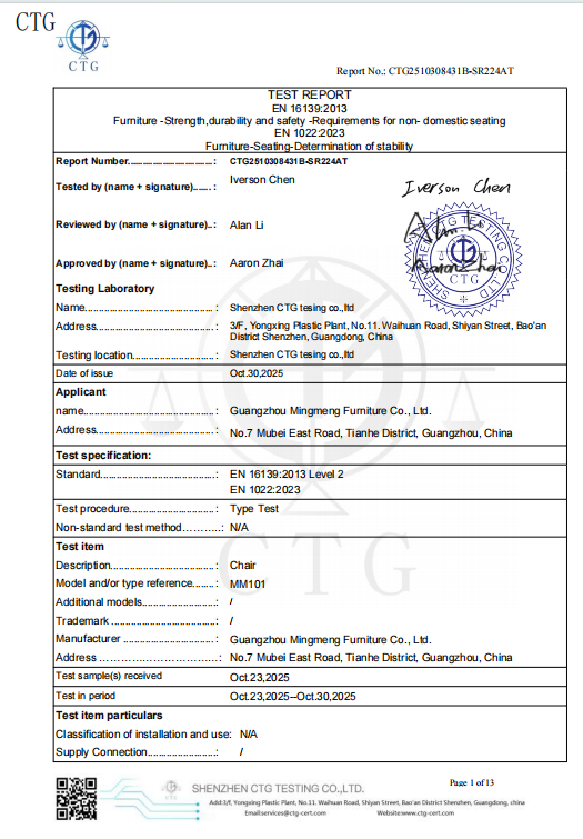 CE Certificate of Compliance – Commercial Chair MM102