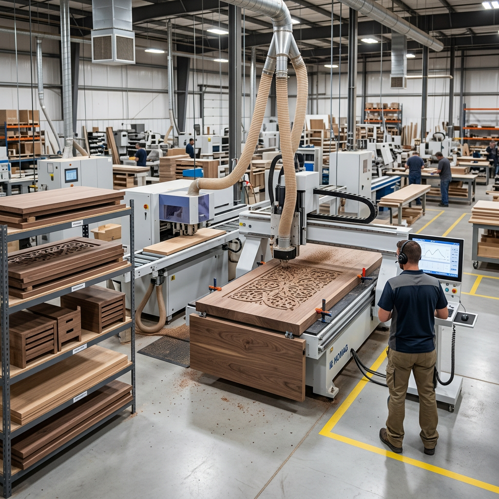 CNC machining workshop used for custom commercial furniture component production
