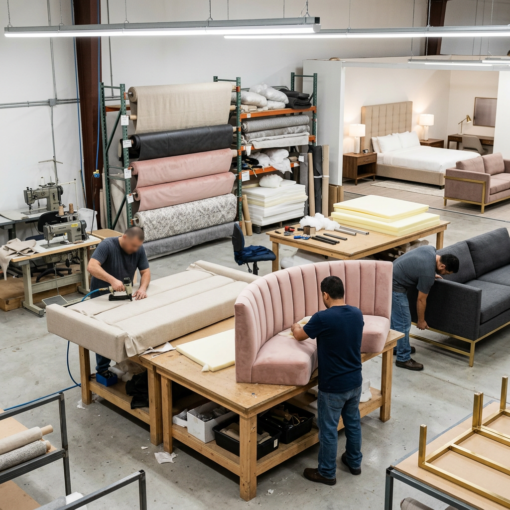 Upholstered furniture production workshop where restaurant seating sets are manufactured