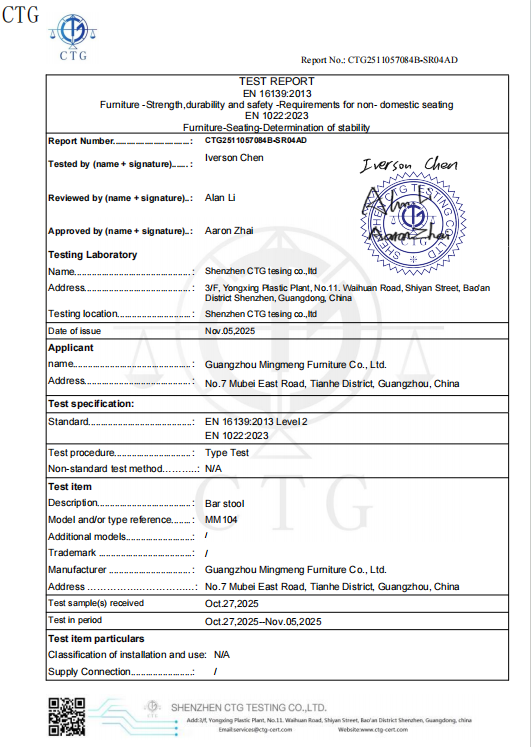 MM104 Commercial Bar Stool Strength, Durability and Stability Test Report