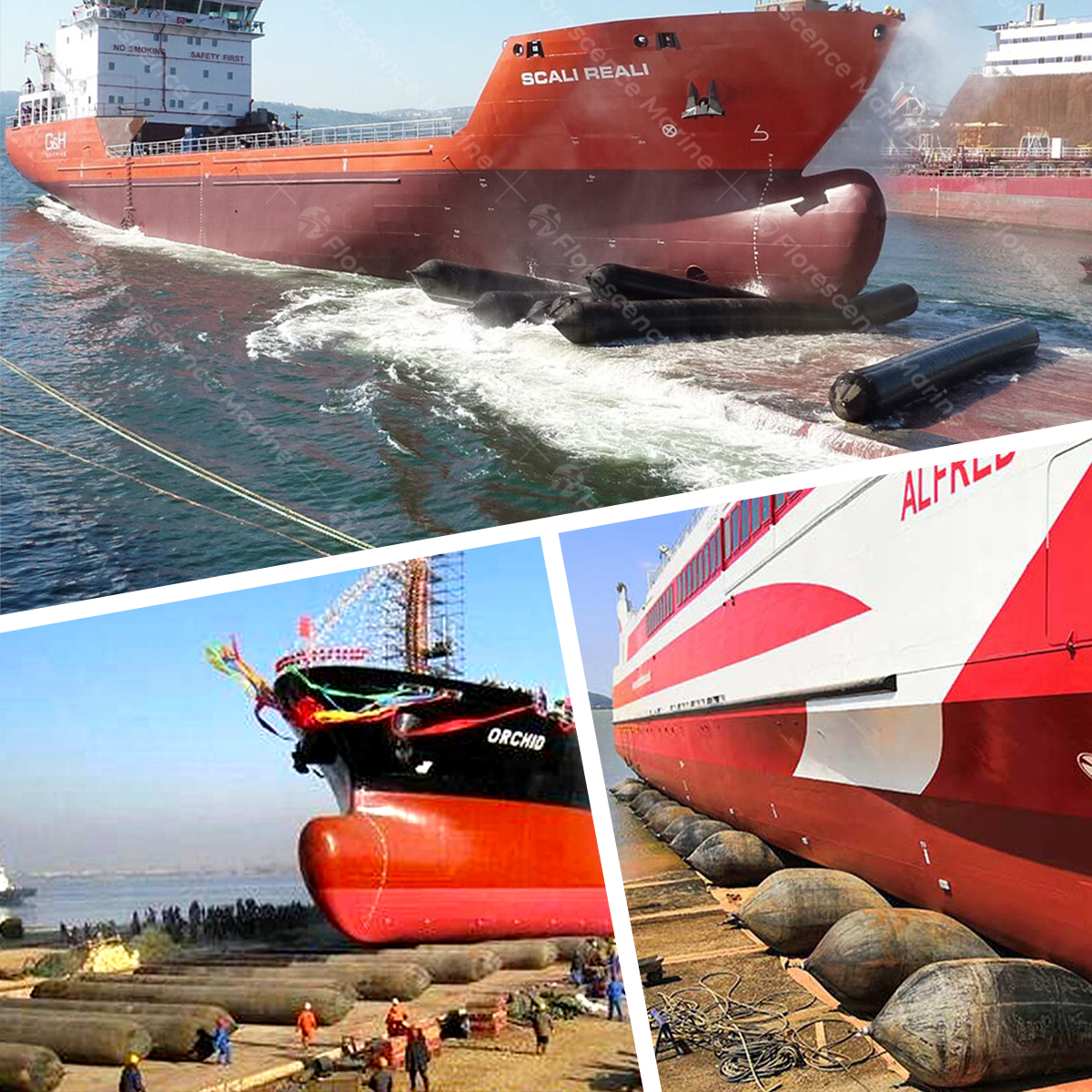 Marine rubber airbags supporting a vessel during ship launching and docking