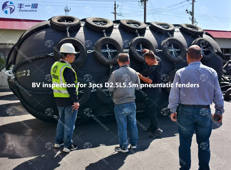 Third-party BV inspection of three pneumatic rubber fenders before shipment