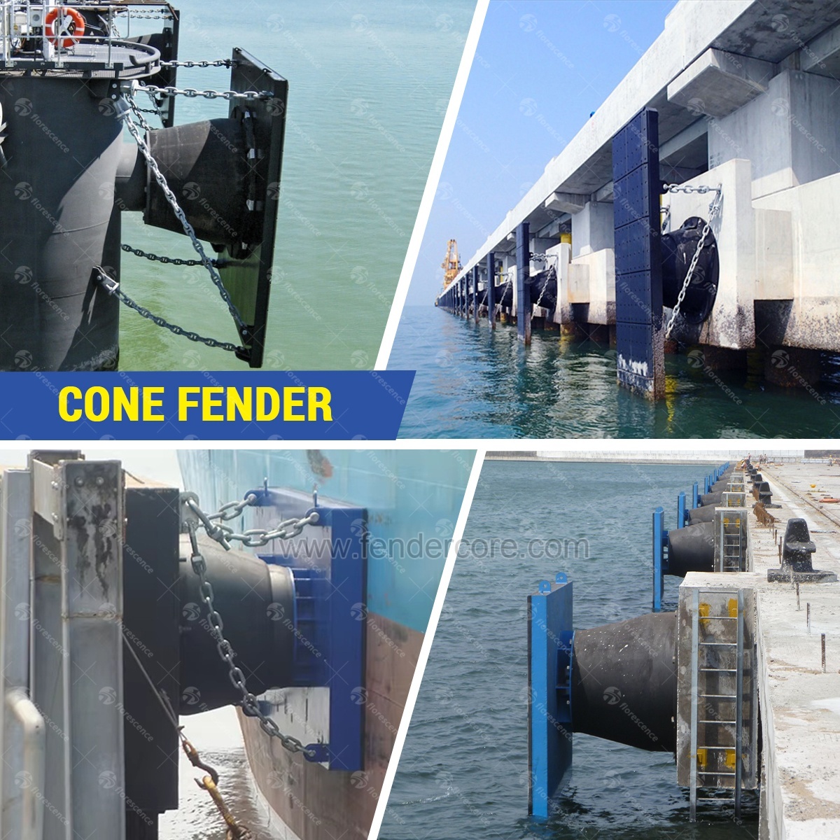 Cone rubber fender with 70 percent rated deflection for large tonnage berths