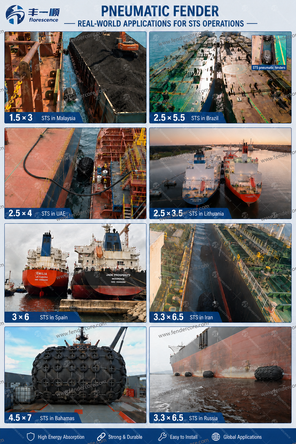 Different sizes of pneumatic rubber fenders prepared for ship-to-ship operations