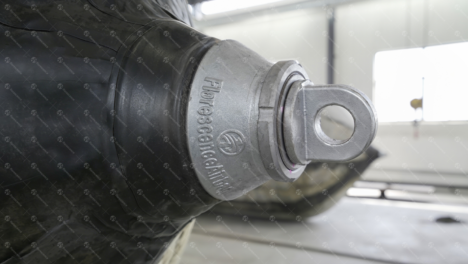 End fittings on Florescence marine launching airbags, including valve, gauge and pulling ring