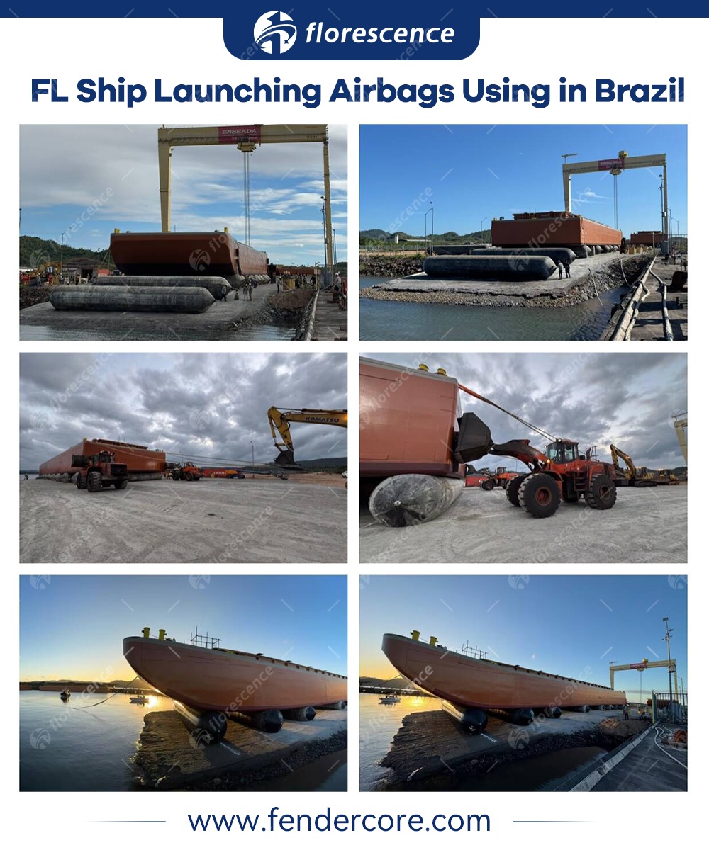 Florescence ship launching airbags in use at a Brazilian shipyard for barge launching