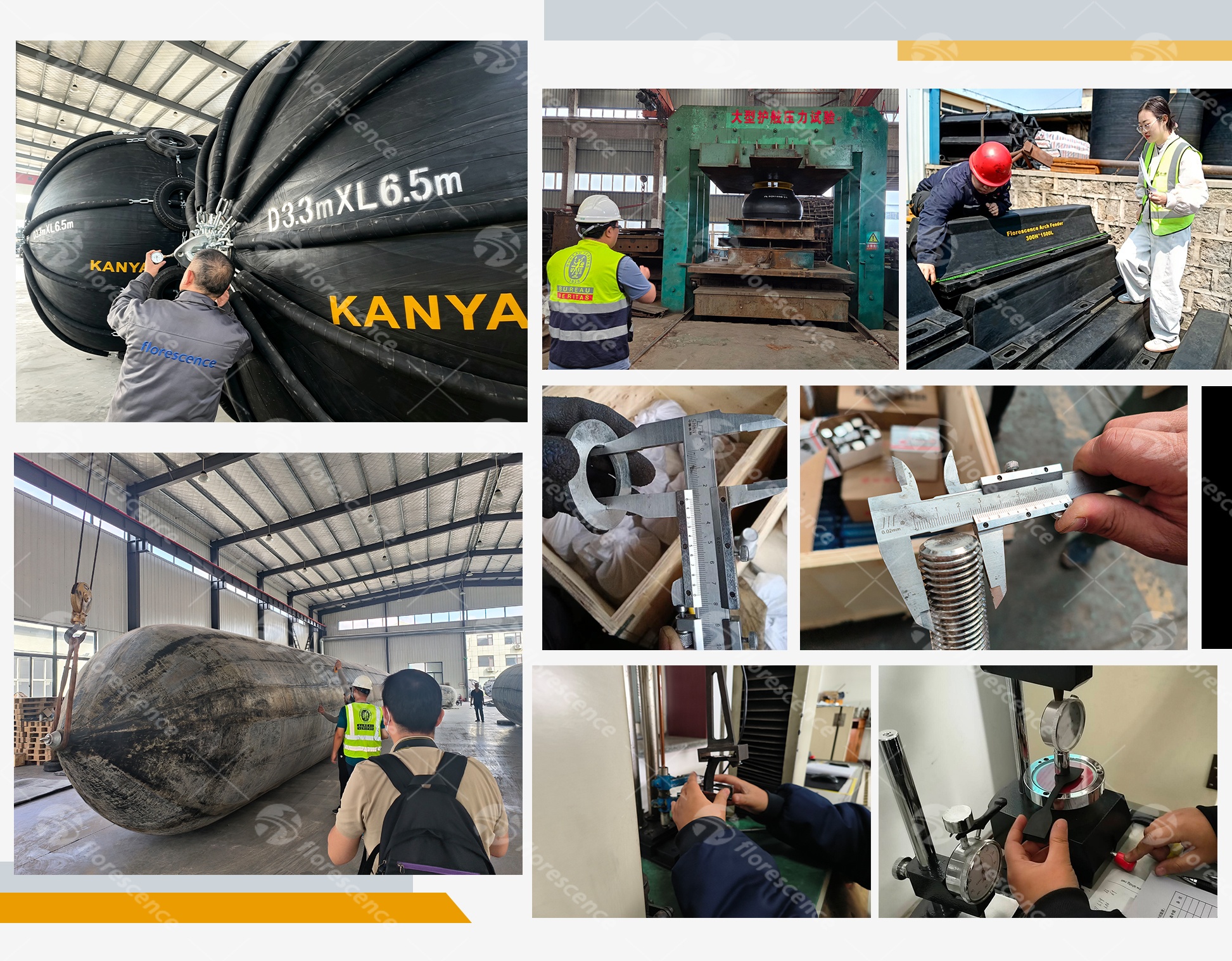 Compression and performance testing of rubber fenders and marine airbags in a factory test area