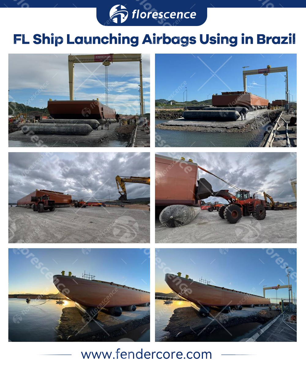 Florescence ship launching airbags in use at a shipyard in Brazil