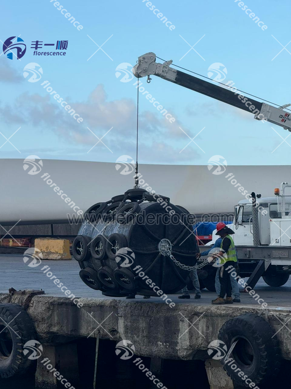 Florescence foam fender with used tire and chain net installation