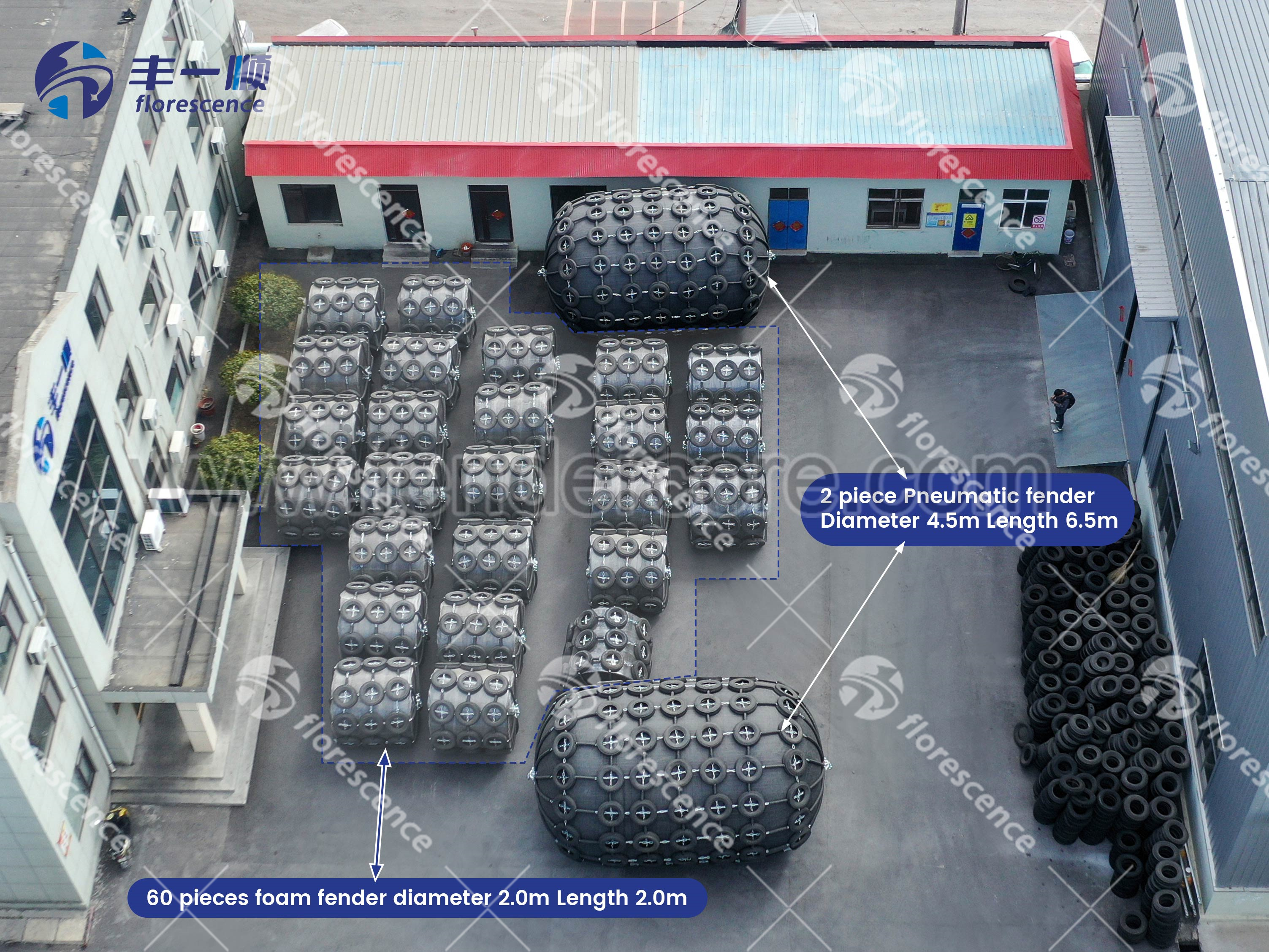 Florescence foam fenders with used tire and chain net in factory