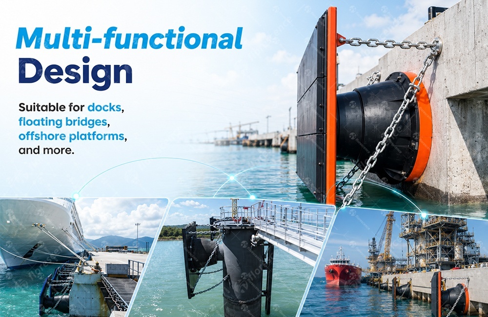 Cone rubber fender system for large-tonnage vessel berthing Cone rubber fender system installed for large vessel berthing