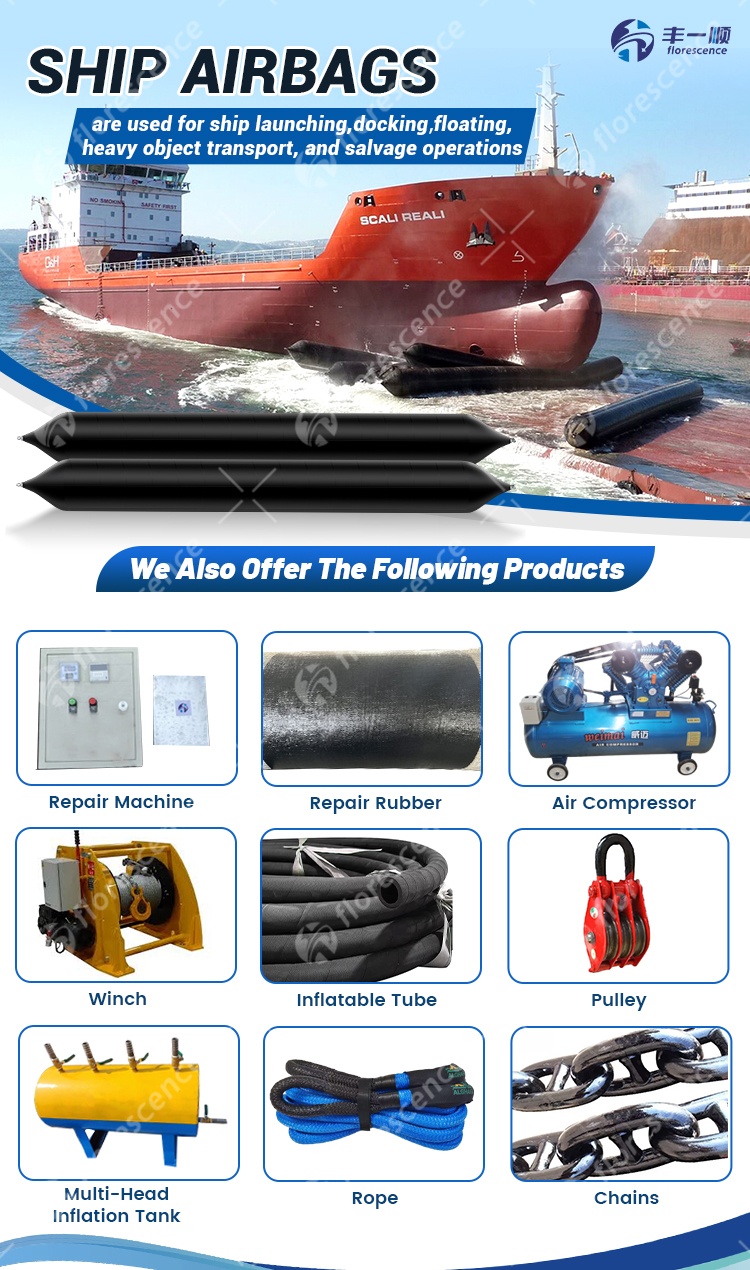 Ship launching airbag fittings and supporting tools supplied with each unit