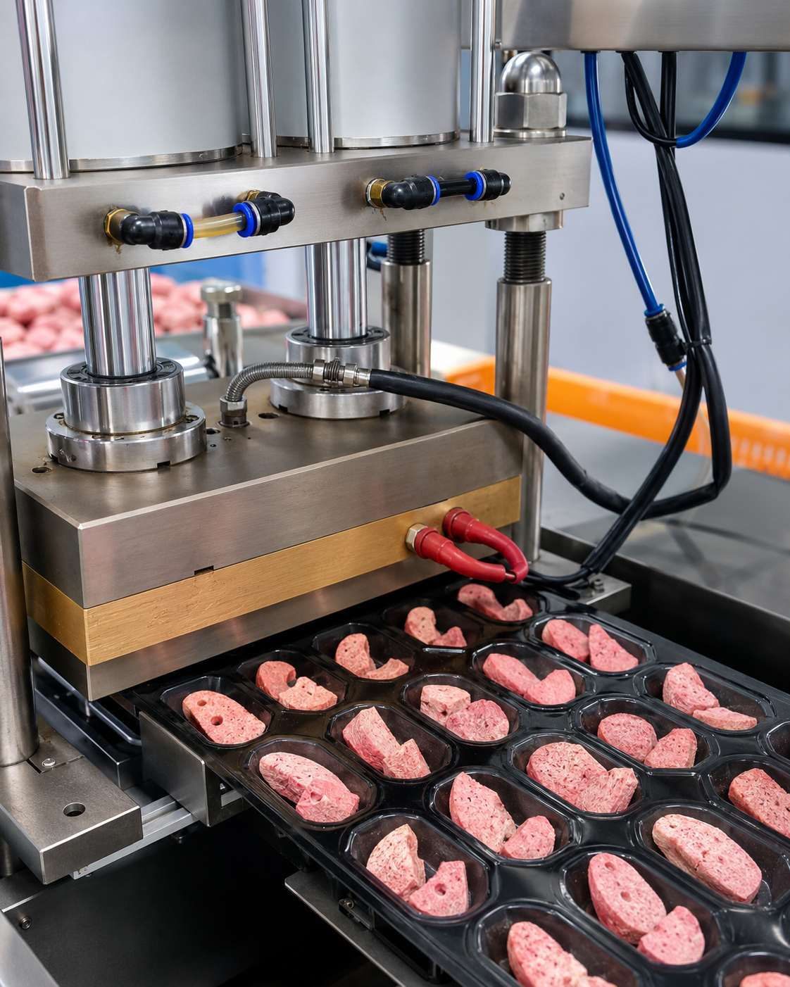 Coated freeze-dried fruit pieces on a tray entering the sealing stage of a coating and packing line