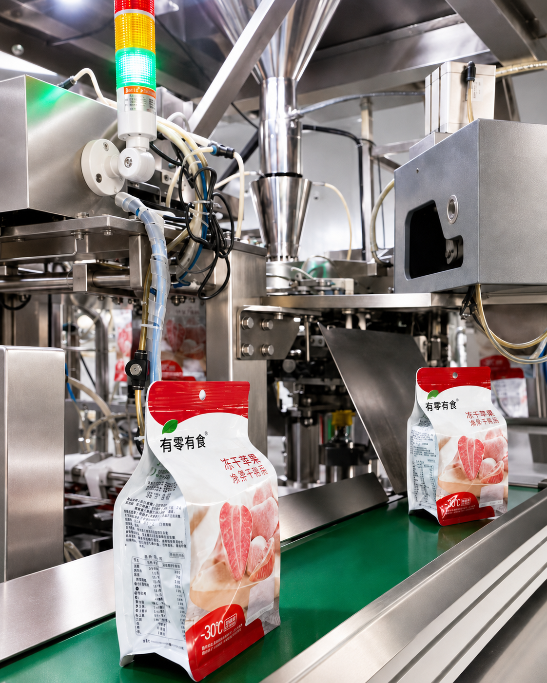 Automated packaging line for freeze-dried fruit pieces in a finished-product customization workshop