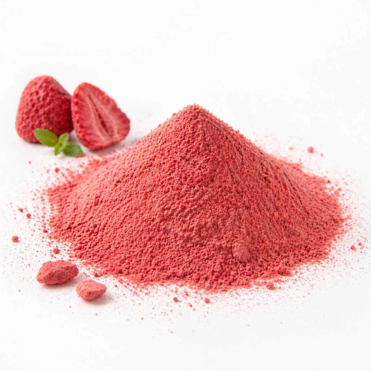 Freeze-dried strawberry powder bulk ingredient with SKU and mesh specification sheet
