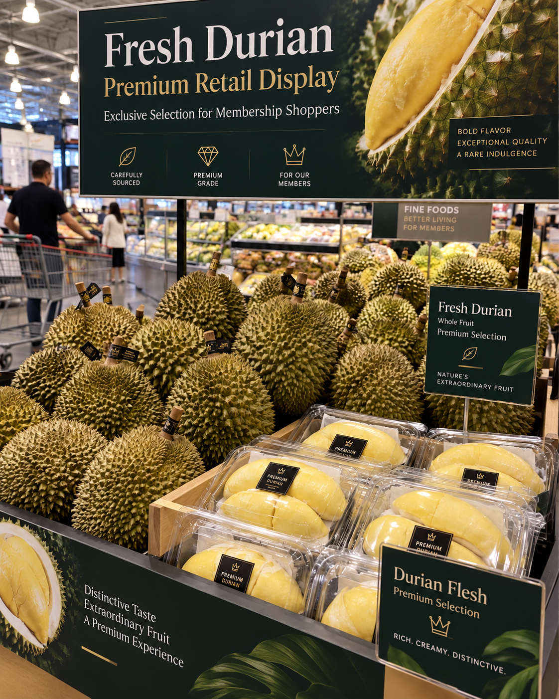 Fresh whole durian retail display in a premium supermarket produce section