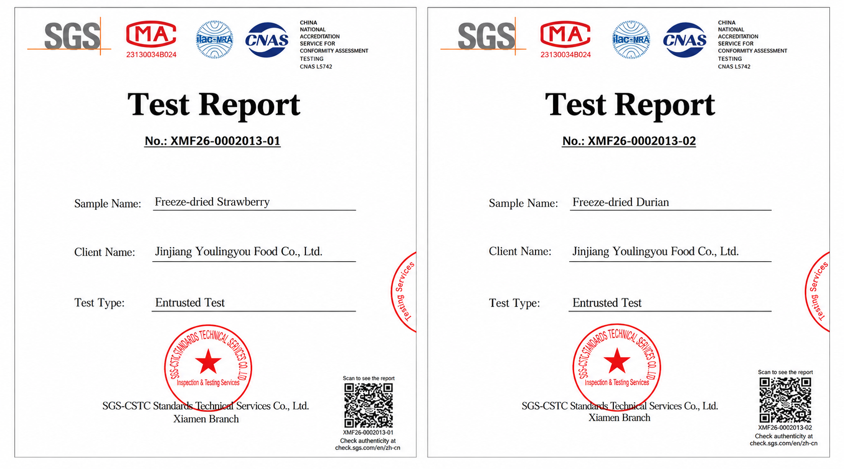 SGS third-party test report for freeze-dried strawberry covering moisture, microbiology, contaminants and additive screening