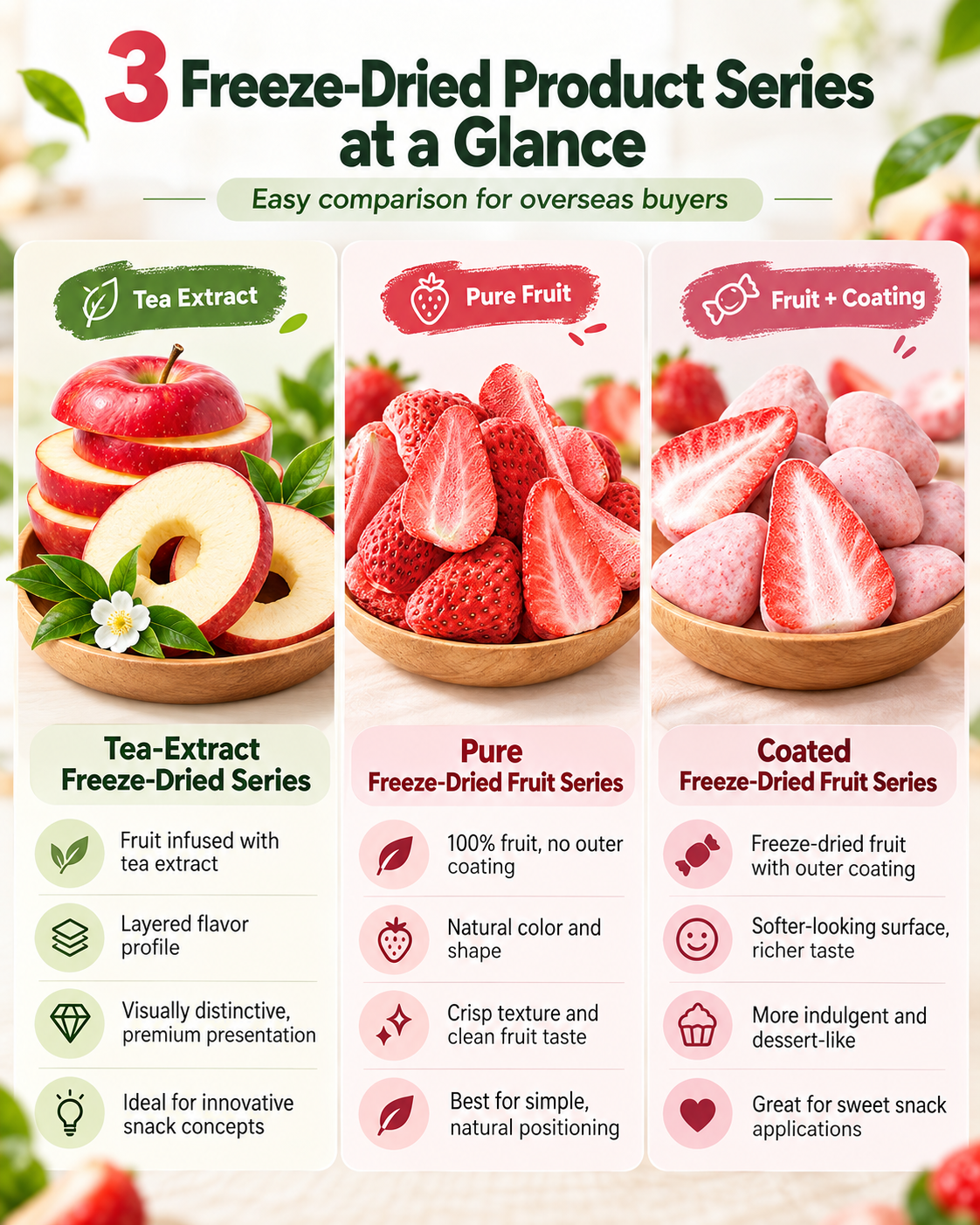 Three freeze-dried fruit product series at a glance: pure, coated and infused lines for buyer qualification