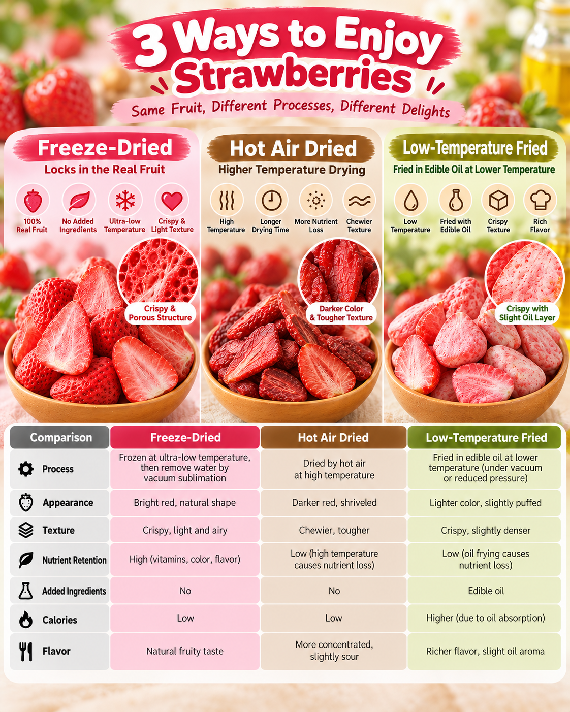 Freeze-Dried vs Hot-Air-Dried vs Low-Temperature-Fried Fruit Comparison Comparison of freeze-dried, hot-air dried and low-temperature fried fruit processing routes and their effect on structure, colour and fat