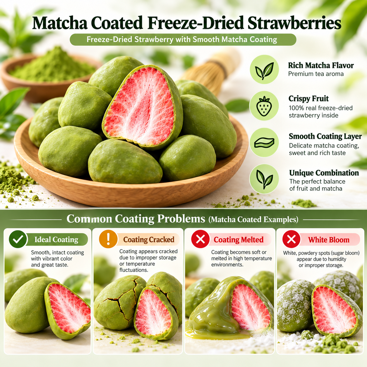 Matcha-coated freeze-dried strawberry coating issue reference showing surface condition checks for coated freeze-dried fruit qualification