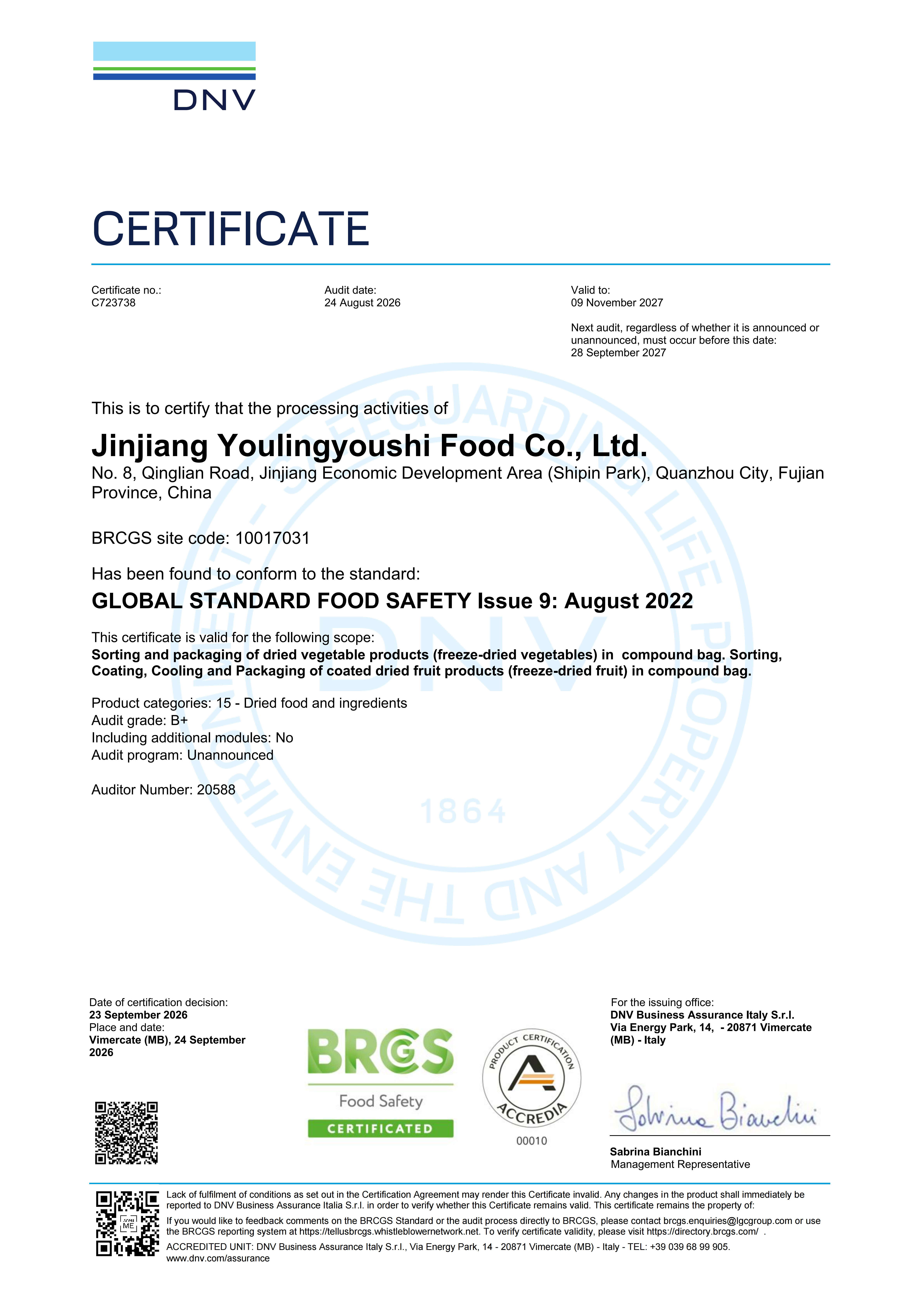 Food-safety system certificate page showing scope wording, site code and validity dates that a buyer checks against the purchase order