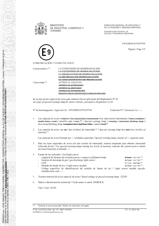 ECE R65 testing report documentation for SIGROCK E6AS, E6AL and E6AH special warning lamps