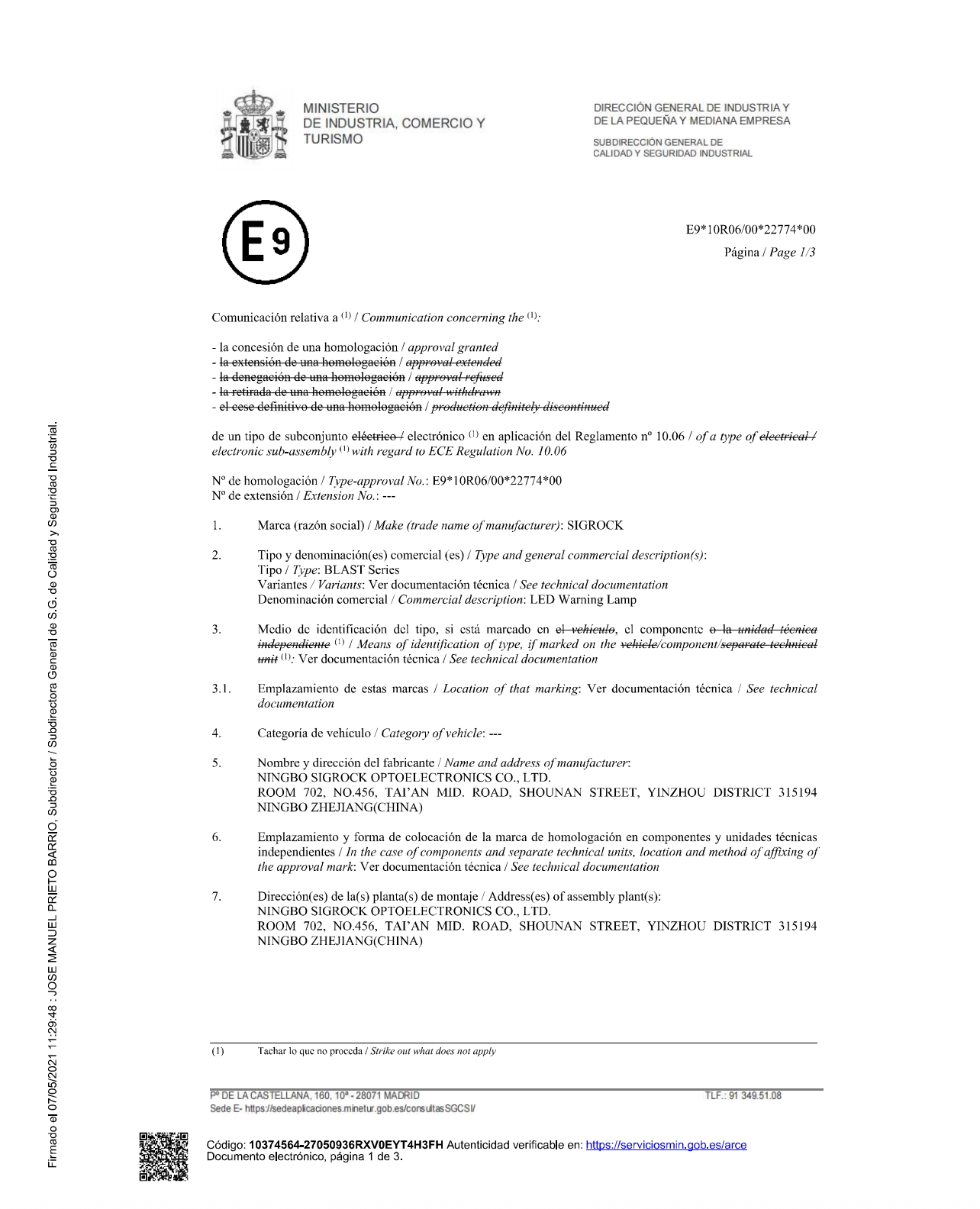 Communication concerning the approval granted of a type of electrical/electronic sub-assembly with regard to Regulation No. 10.06